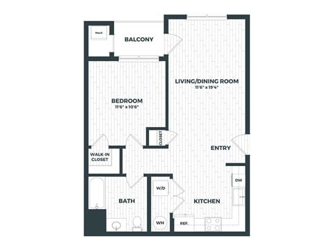 Floor plan for 1 bed, 1 bath, 762 sqft